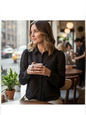 Joie Black Eyelet Button Front Blouse XS Cotton Feminine Boho Top